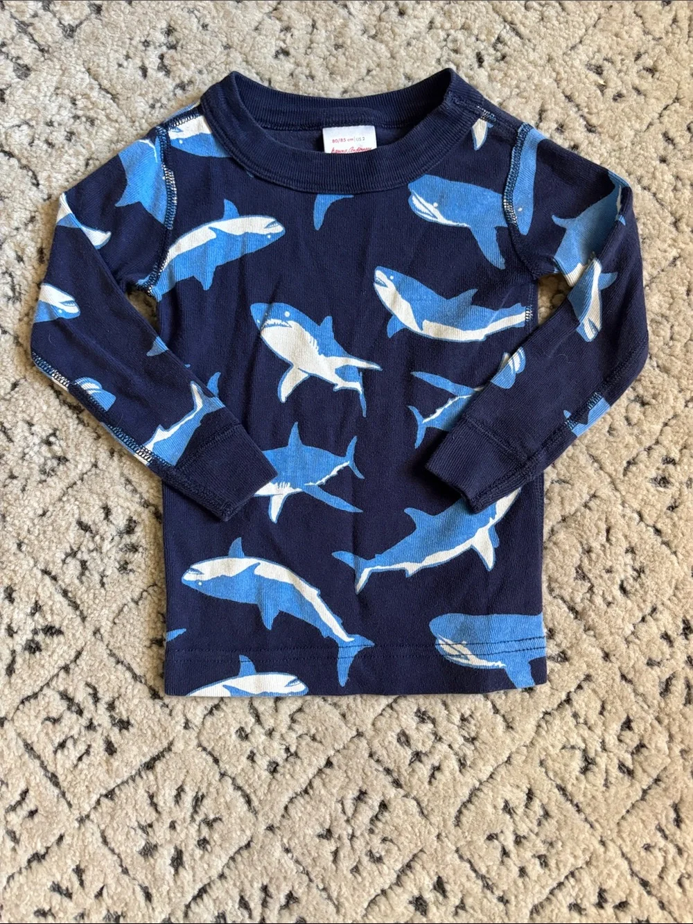 Hanna Andersson Kids Navy Shark Print Long Sleeve PJ Set sz 2